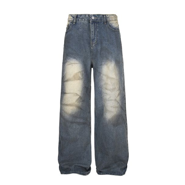 Post-apocalyptic Style Color-Block Spray Paint Jeans Men's Trendy Punk Washed Tie-Dye Distressed Dirty Wide-Leg Straight_mkmklike.com