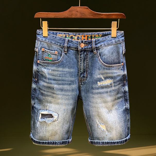 Men's Clothing Ripped Denim Shorts Trendy Retro Blue Distressed Straight Shorts Elastic Slim Fit Mended Shorts_mkmklike.com