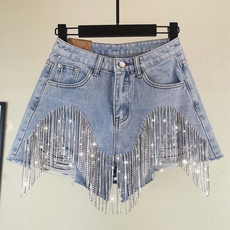Women's Clothing Fashion Women's Shorts Ripped Tassel Chain Sexy Denim Shorts Women_mkmklike.com