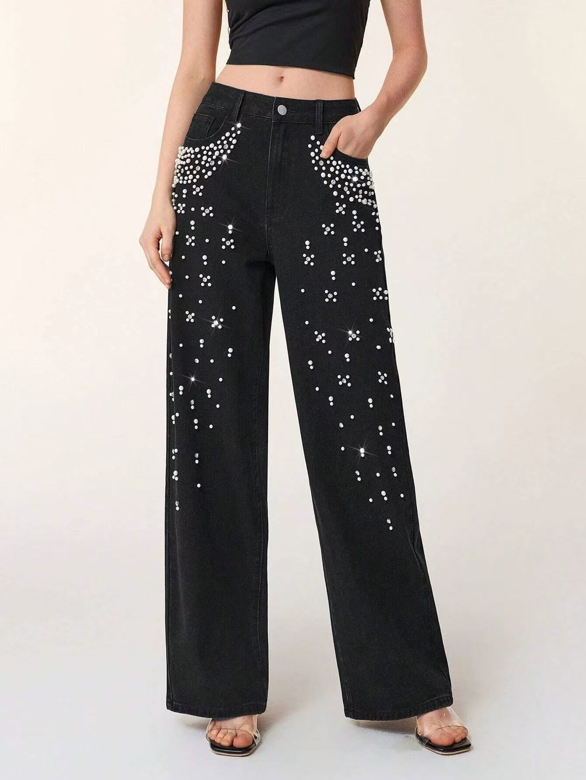 New Style High-Waisted Wide-Leg Jeans Rhinestone Decorated Casual Versatile Women's Clothing_mkmklike.com
