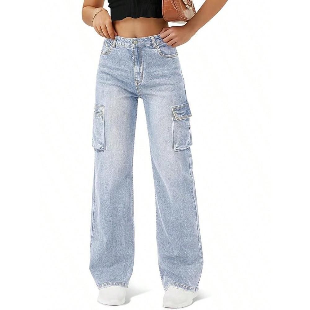 Women's Cross Border Spot Design Flap Pocket Straight Leg Jeans Casual Loose Workwear Versatile Trousers_mkmklike.com