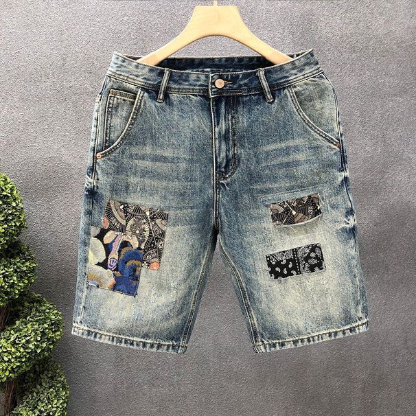 Men's Distressed Embroidered Denim Shorts Vintage Washed Casual 5-Inch Inseam Summer Shorts with Patchwork Details_mkmklike.com