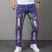 Men's Purple Distressed Skinny Jeans – Vintage Washed Denim Pants With Paint Splatter & Handmade Rips For Urban Streetwear_mkmklike.com
