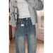 Retro Blue Straight Leg Jeans High Waisted Fleece Lined plus Size Slimming Loose Wide Leg Pants for Women Pear Shaped Figure Autumn Winter_mkmklike.com