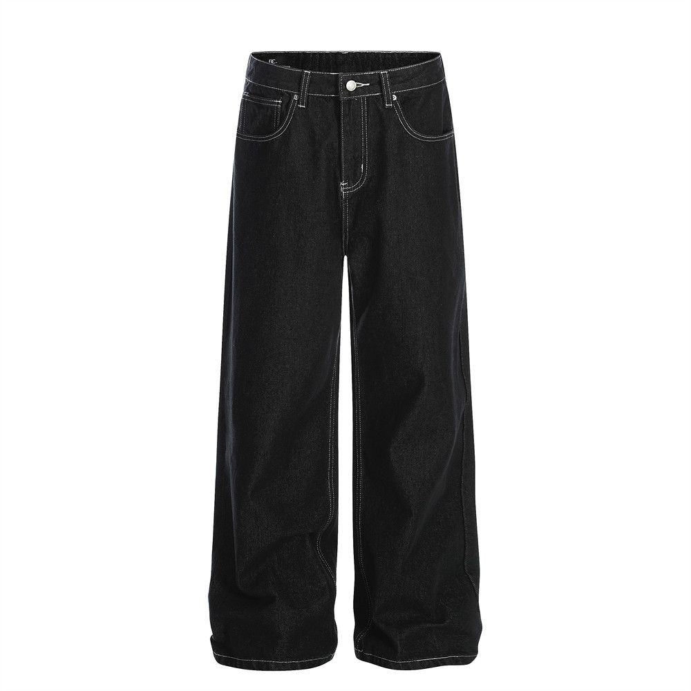 Trendy American Style Loose Jeans For Men, Vibe Style, Simple Versatile Wide-Leg With Stitched Details, Casual_mkmklike.com