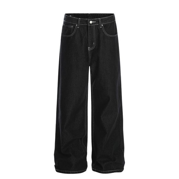 Trendy American Style Loose Jeans For Men, Vibe Style, Simple Versatile Wide-Leg With Stitched Details, Casual_mkmklike.com