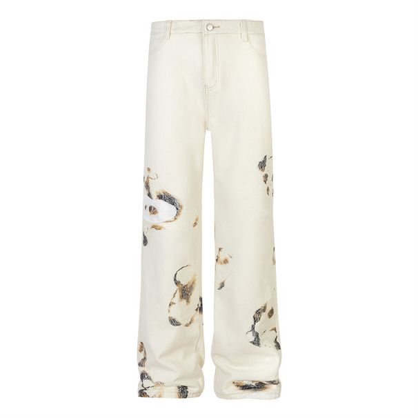 Flame Lace Patchwork Denim Straight Long Trendy Brand Men's Niche Design High Street Loose Wide-Leg Floor-Length Pants_mkmklike.com