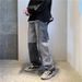 Men's Streetwear Patchwork Jeans – Loose Fit Straight-Leg Drop-Crotch Pants (Black/Blue, S-3xl) Relaxed Fit With Drop Crotch_mkmklike.com