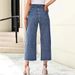 Women's Clothing High-Waisted Slimming Denim Jeans Versatile Solid Color Frayed Straight Leg Cropped Fashion_mkmklike.com