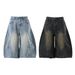 Men's Clothing Retro Loose Silhouette Washed Distressed Cropped Trousers Summer Men And Women Design Wide Leg Jeans_mkmklike.com