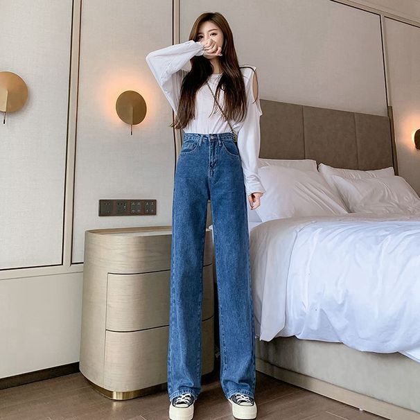 High Waisted Straight Leg Jeans White Women's Wide Leg Floor Length Pants Versatile Unique Style Spring Autumn Design_mkmklike.com