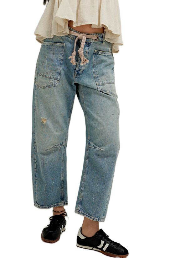 Women's Fashion High Waist Straight Leg Jeans Patchwork Appliqué Ink Splatter Washed American Retro Style Drawstring_mkmklike.com