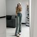 American-style High-waisted Flared Jeans Women, 2024 Spring/autumn, Slimming And Height-enhancing, With Rhinestones,_mkmklike.com