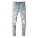 High Street Trendy Brand Ripped Retro Patch Jeans Men's Elastic Slim Fit Light Blue Jeans Men's Pants 6624_mkmklike.com