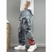 Men's Vintage Washed Distressed Graffiti Print Slim Tapered Jeans - High Street Urban Style Urban Graffiti Art_mkmklike.com