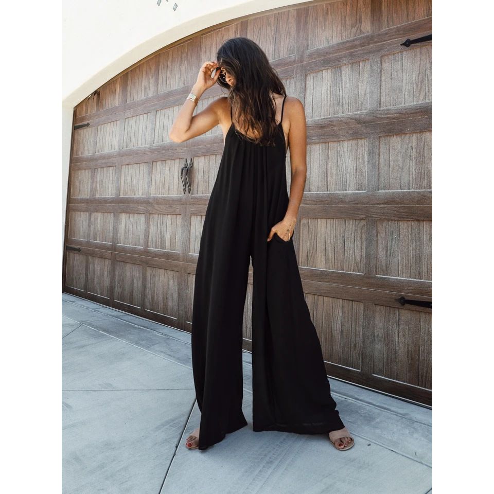 Women's Clothing Sexy V-neck halter loose jumpsuit home casual holiday style jumpsuit woman_mkmklike.com