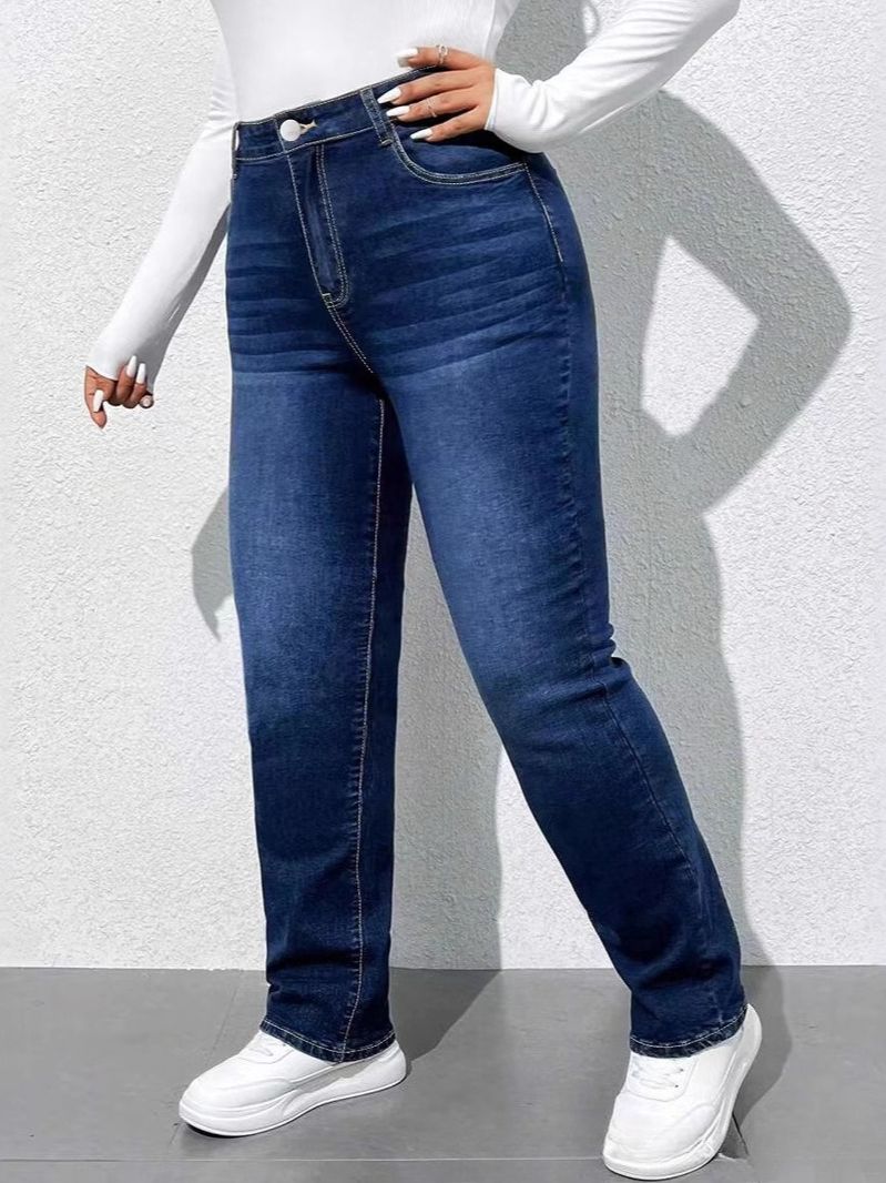 K Fashionable Casual Elastic Denim Straight Leg Pants_mkmklike.com