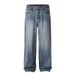 Washed Blue Straight Jeans, Trendy Brand Men's American Wide Leg Pants, Casual Pants_mkmklike.com