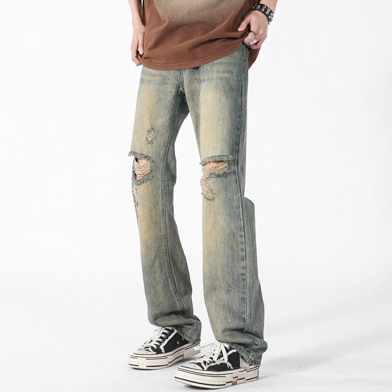 LKTM Men's Wear # American Style Distressed Yellow Mud Blue Ripped Jeans Men's High Street Trendy Brand Loose Casual Be1_mkmklike.com