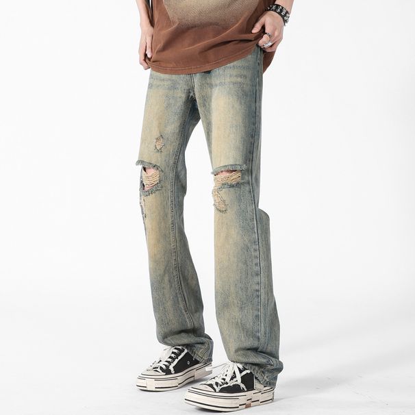 LKTM Men's Wear # American Style Distressed Yellow Mud Blue Ripped Jeans Men's High Street Trendy Brand Loose Casual Be1_mkmklike.com