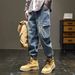 Men's Elastic Waist Drawstring Jeans Loose Fit Autumn Winter Style Trendy Versatile Jogger Knee Casual Harem Pants_mkmklike.com