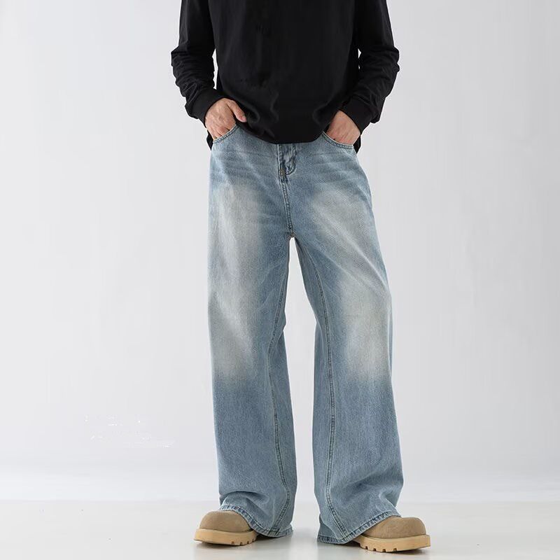 Men's American Vintage Washed Denim Jeans – Loose Wide Leg, Floor-Length Straight Fit, Retro Casual Pants For Spring & Autumn_mkmklike.com