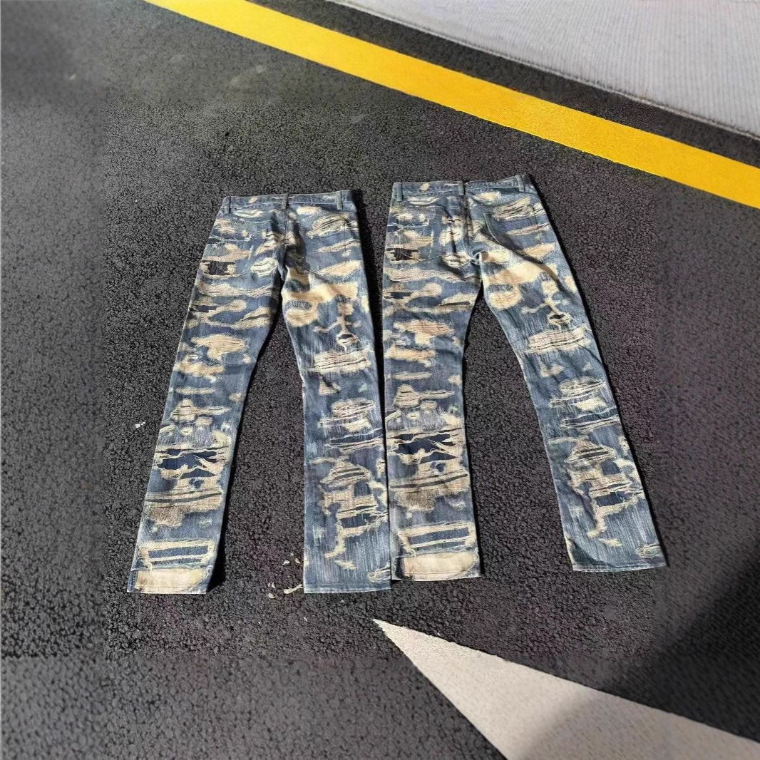 Vintage Washed Digital Print Relaxed Straight-Leg Jeans Men's Distressed Detailing Faded Denim Pants_mkmklike.com
