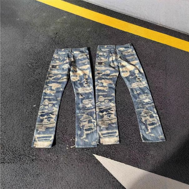 Vintage Washed Digital Print Relaxed Straight-Leg Jeans Men's Distressed Detailing Faded Denim Pants_mkmklike.com