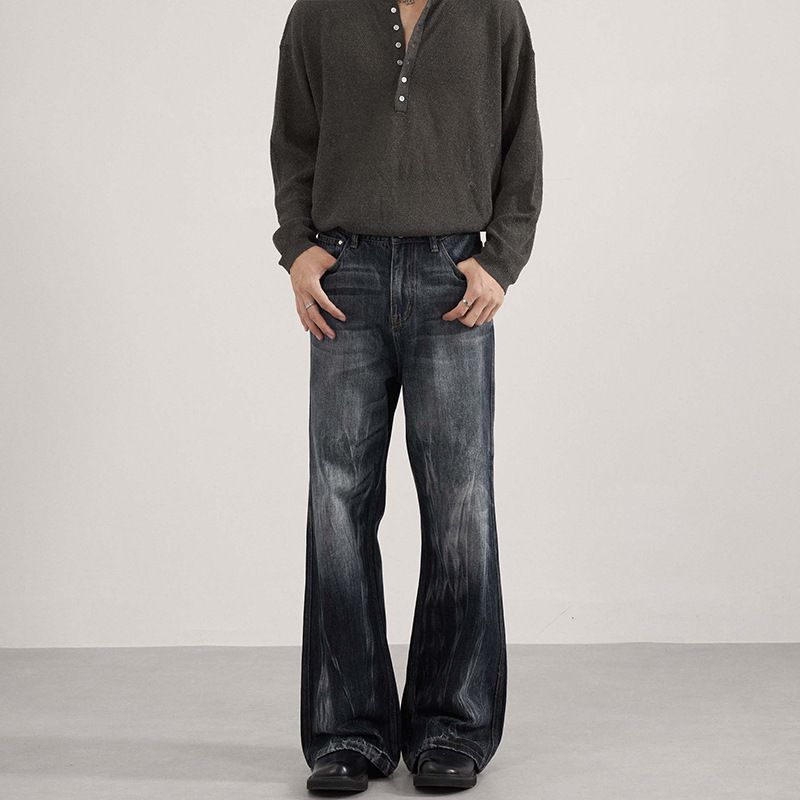 Men's & Women's Cleanfit Heavy Washed Tie-Dye Jeans With Bamboo Texture & Flared Hem Streetwear Staple_mkmklike.com