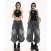 Regular Unbranded Summer Design Sense Multi-Pocket Cargo Denim Capri Shorts Women Straight Pants High Waist_mkmklike.com