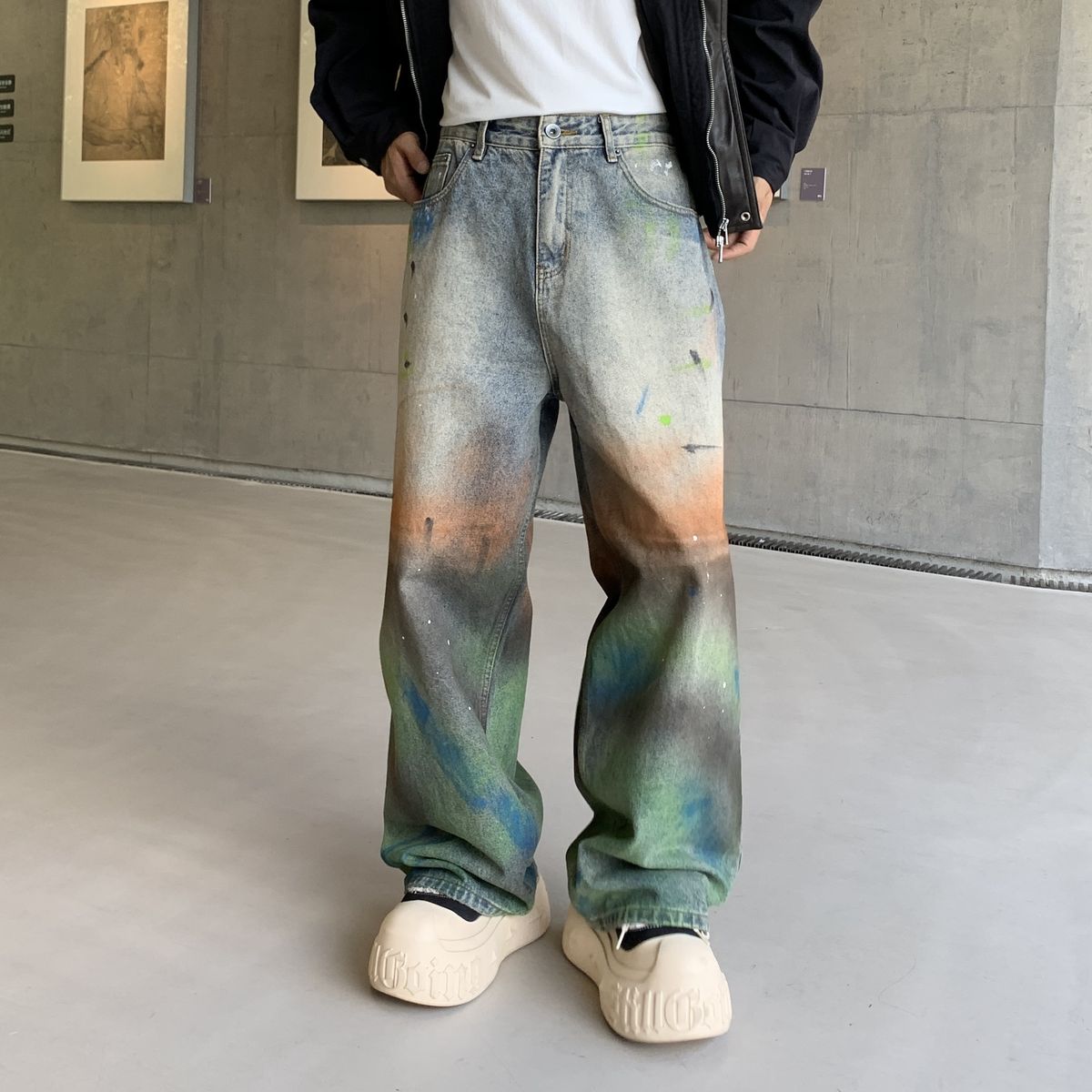 Parisian Streetwear Men's Wide-Leg Jeans - Oversized Straight Cut, Dopamine-Inspired Colorful Print, Trendy Lazy Hip-Hop Style Long Pants_mkmklike.com