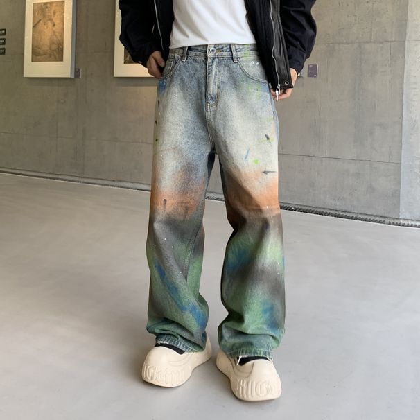 Parisian Streetwear Men's Wide-Leg Jeans - Oversized Straight Cut, Dopamine-Inspired Colorful Print, Trendy Lazy Hip-Hop Style Long Pants_mkmklike.com