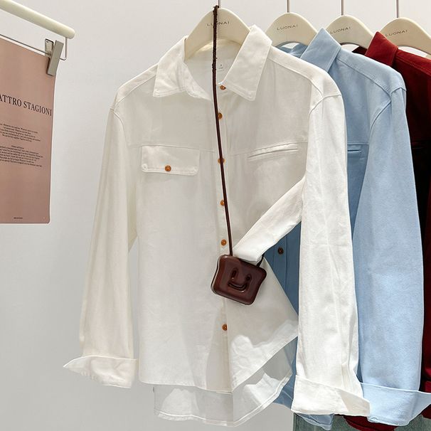 Oversized Denim Shirt Women Casual Long Sleeve Polo Collar Blouse, Flyaway Sleeves, Breathable Cotton Top For Work & Weekend (Blue/White/Red)_mkmklike.com
