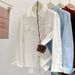 Oversized Denim Shirt Women Casual Long Sleeve Polo Collar Blouse, Flyaway Sleeves, Breathable Cotton Top For Work & Weekend (Blue/White/Red)_mkmklike.com