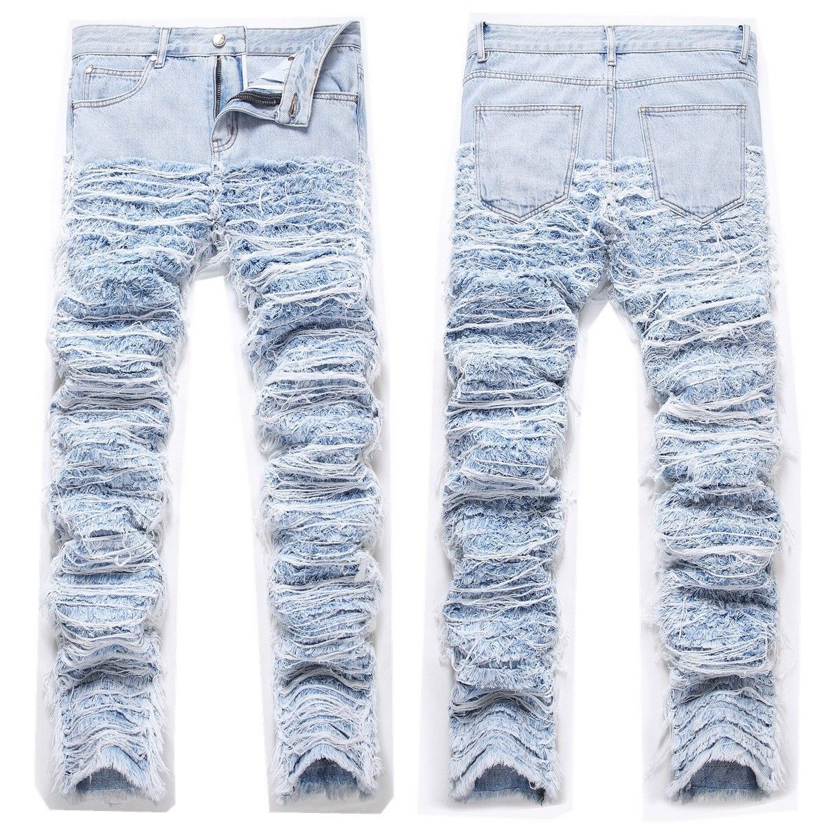 European American Style Heavy-duty Stacked Pants With Tassel Embroidery, Ripped Fringe, And Loose Hem Jeans For Men_mkmklike.com