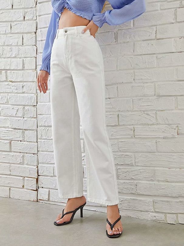 Women Jeans Solid Color High Waist Button Zipper Closure Lady Pants With Pockets Vintage Straight Pants Female Denim Trousers_mkmklike.com
