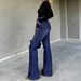 High Waisted Cross Strap Flared Jeans Dark Blue Slimming Wide Leg Women's Stylish Denim Flared Pants_mkmklike.com