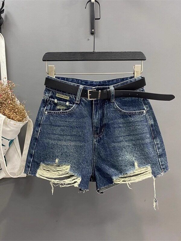 Dark Blue High-Waisted Washed Distressed Denim Shorts Women's Sexy Slimming Wide Leg Hot Pants Summer 2026 Arrival_mkmklike.com