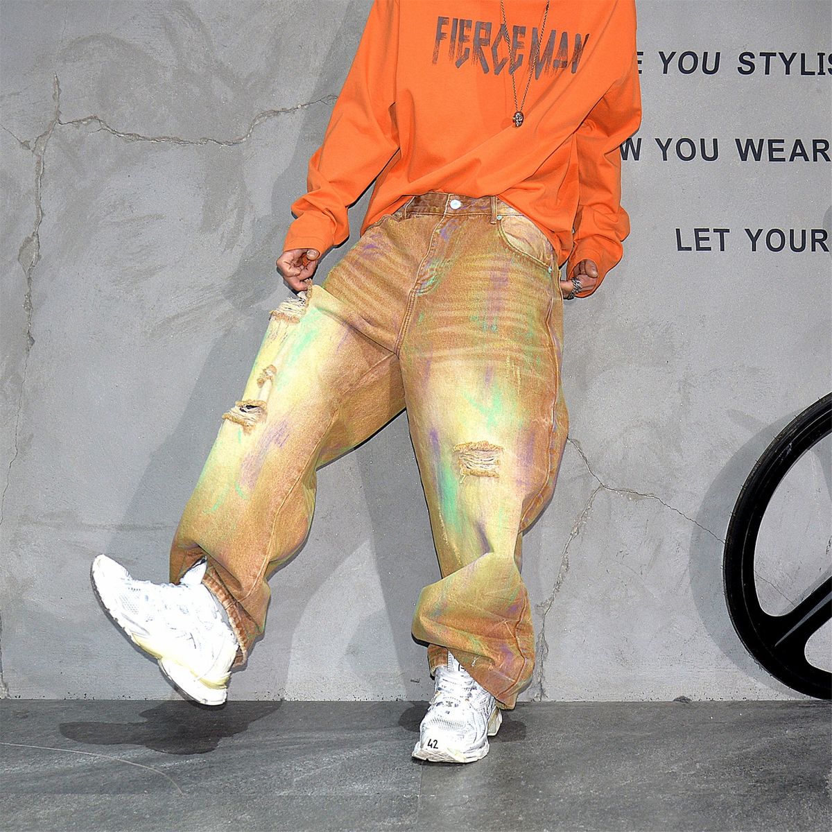 Vintage Distressed Washed Jeans – Post-Apocalyptic Straight-Leg Denim Pants For Men – Grunge Streetwear With Artisan Rips (Light Khaki, S-3xl)_mkmklike.com