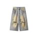 Denim Shorts Men's Summer New Hong Kong Style Hip-hop Hiphop Washed Hole Design Loose Cropped Pants Men_mkmklike.com