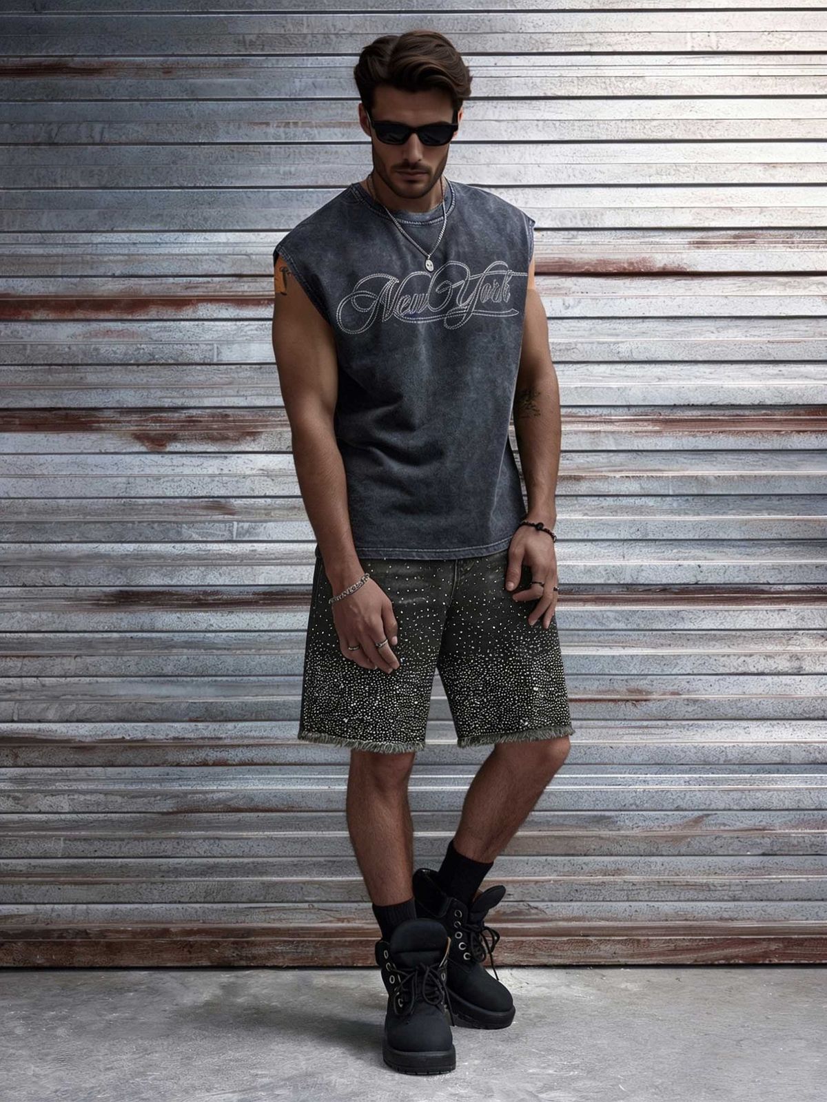 Men's European Fit Denim Shorts - Distressed Hem With Rhinestone Detail Summer Casual Cargo Shorts_mkmklike.com