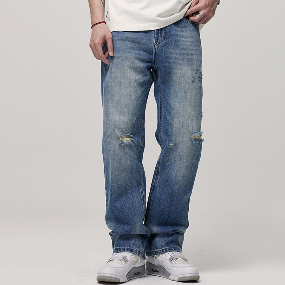 Washed Ripped Jeans For Men American Street Style Vibe Straight Loose Fit Frayed Versatile Long Pants_mkmklike.com