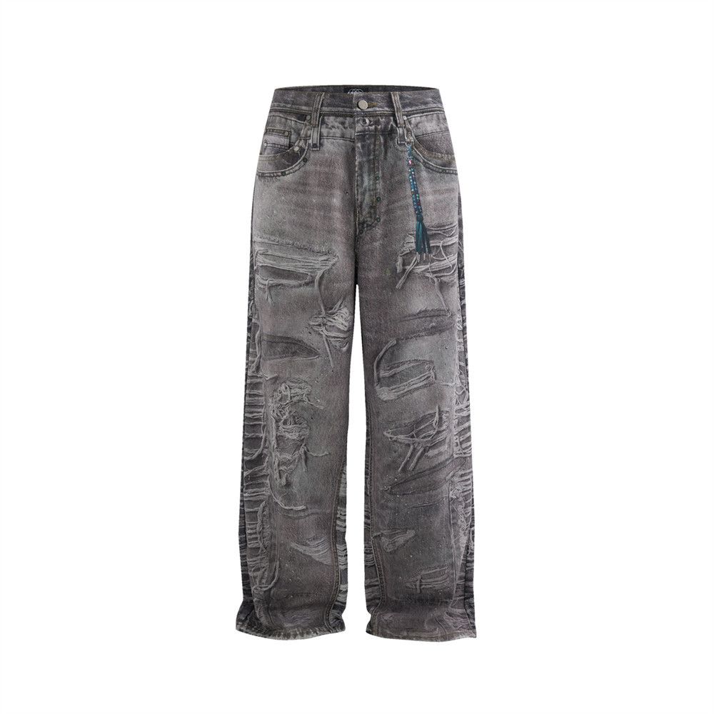 Post-apocalyptic Distressed 3D Digital Print Jeans For Men, Niche Heavy-duty Washed Wide-leg Loose Straight Pants_mkmklike.com