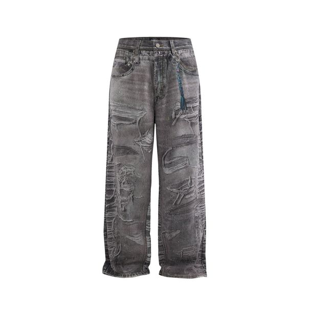 Post-apocalyptic Distressed 3D Digital Print Jeans For Men, Niche Heavy-duty Washed Wide-leg Loose Straight Pants_mkmklike.com
