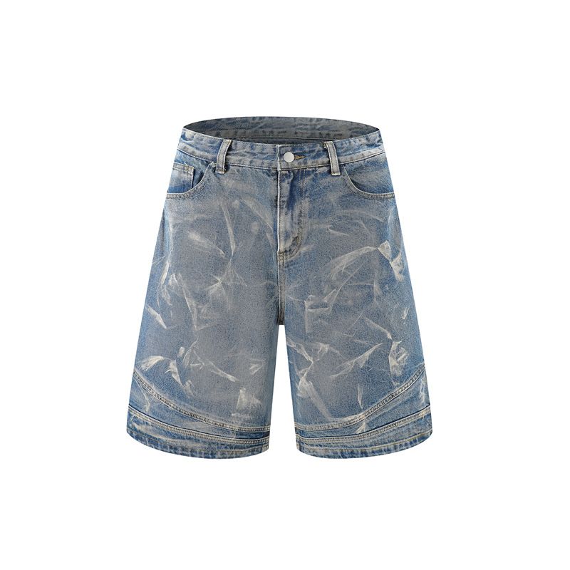 Men's Clothing Lightning Crack Tie Dye Washed Design Men's And Women's Heavy Stitching Soft Jeans Shorts_mkmklike.com