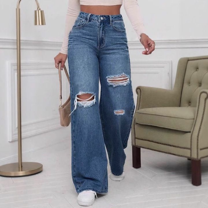 Women's Clothing Women's High Waist Wide Leg Jeans Loose Fit Ripped Long Pants Summer Style For Formal & Casual For Women_mkmklike.com