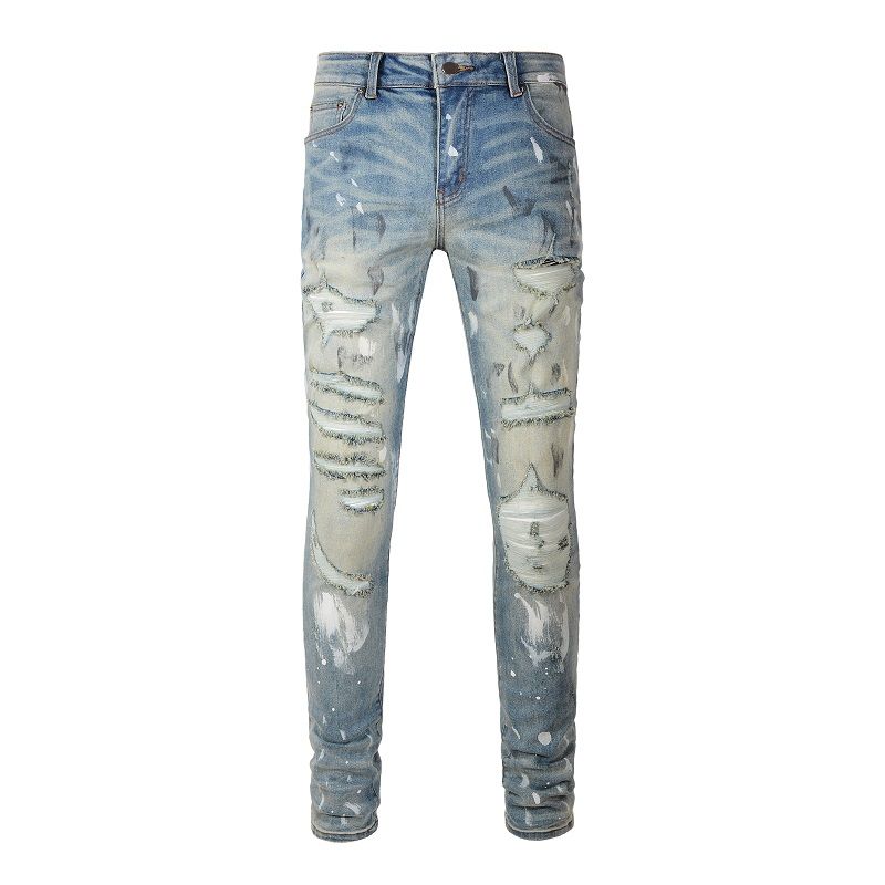 Men Holes Ripped Stretch Denim Jeans Streetwear Distressed Painted Skinny Tapered Pants Vintage Trousers_mkmklike.com