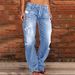 Women's Clothing Denim Trousers Trendy Distressed Mid Waist Ripped Casual Straight Leg Trousers_mkmklike.com