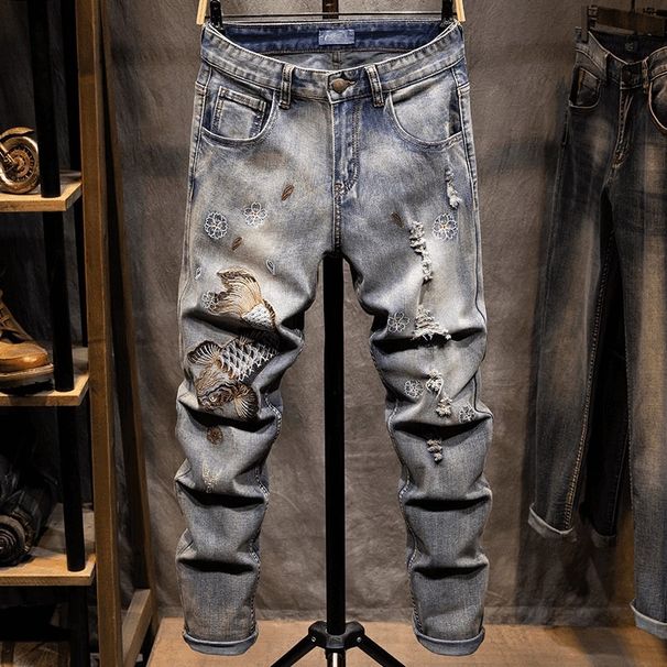 Men's Straight Leg Jeans High Waist Trendy Brand European Style Embroidered Long Pants for All Seasons_mkmklike.com