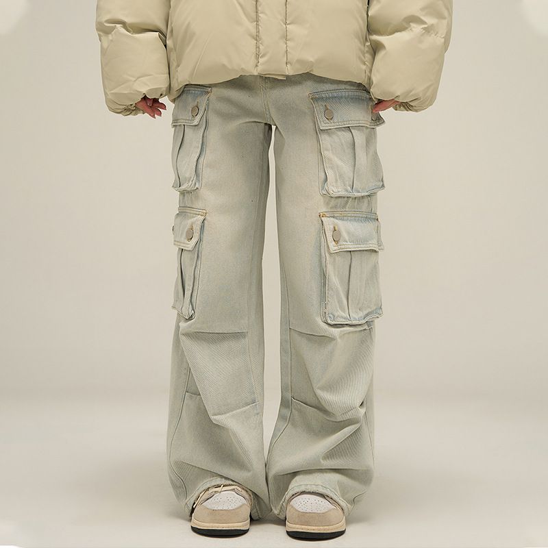 Nordmann American Retro Multi-Pocket Cargo Jeans For Men Loose Wide-Leg Trendy Brand Vibe High Street Straight Casual Pants_mkmklike.com